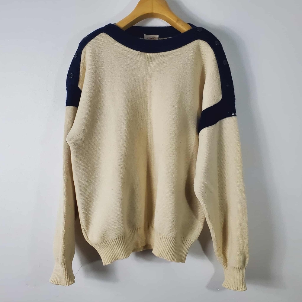 Vintage 80s Sailor Style Shoulder Buttoms Boat Neck Sweater 100% Wool Women